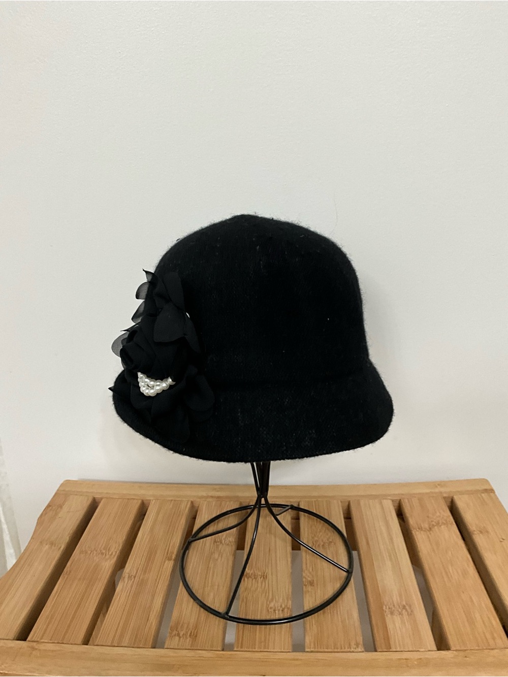 August Hat Company Black Wool Blend Cloche Hat Floral Pearl Accent 22.75”